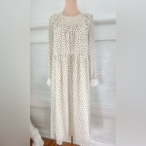 Madewell Smocked Ruffle-Shoulder Midi Dress Inkbrush Dots Cream Black Polka Dot